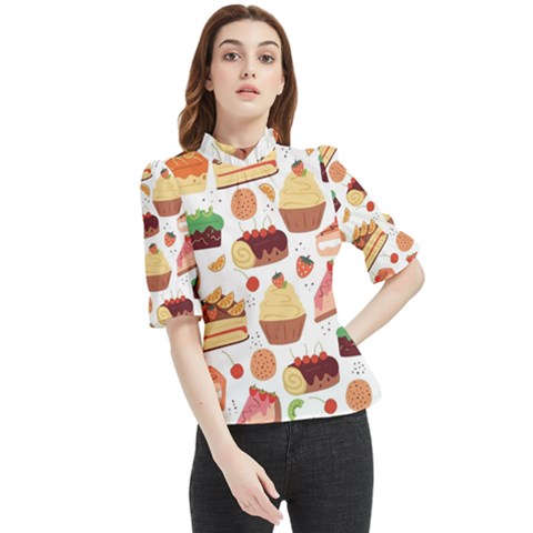 Seamless Pattern Hand Drawing Cartoon Dessert And Cake Frill Neck Blouse by Wav3s