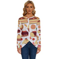 Seamless Pattern Hand Drawing Cartoon Dessert And Cake Long Sleeve Crew Neck Pullover Top by Wav3s