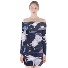 Space Cat Illustration Pattern Astronaut Long Sleeve Off Shoulder Dress by Wav3s