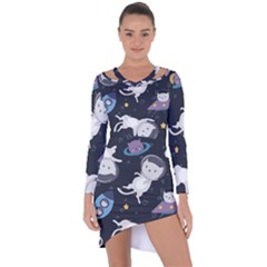 Space Cat Illustration Pattern Astronaut Asymmetric Cut-out Shift Dress by Wav3s