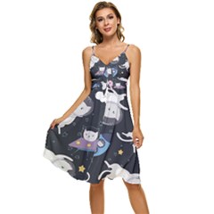 Space Cat Illustration Pattern Astronaut Sleeveless Tie Front Chiffon Dress by Wav3s