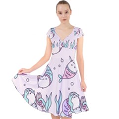 Cartoon Cat Cute Animal Design Drawing Illustration Kawaii Cap Sleeve Front Wrap Midi Dress by Grandong