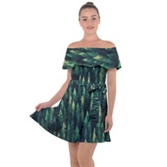 Forest Illustration Off Shoulder Velour Dress by Grandong