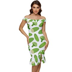 Vegetable Pattern With Composition Broccoli Off Shoulder Ruffle Split Hem Bodycon Dress by Grandong