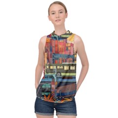 The City Style Bus Fantasy Architecture Art High Neck Satin Top by Grandong