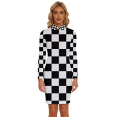 Black White Checker Pattern Checkerboard Long Sleeve Shirt Collar Bodycon Dress by Cowasu