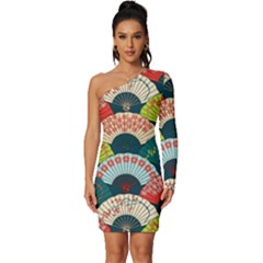 Japanese Fans Bright Pattern Long Sleeve One Shoulder Mini Dress by Cowasu