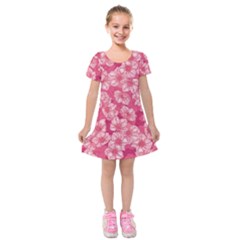 Cute Pink Sakura Flower Pattern Kids  Short Sleeve Velvet Dress by Cowasu