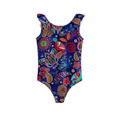 Pattern Colorful Bird Leaf Flower Kids  Frill Swimsuit by Cowasu