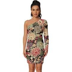 Japanese Flower Art Long Sleeve One Shoulder Mini Dress by Cowasu