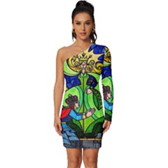 Beauty Stained Glass Rose Long Sleeve One Shoulder Mini Dress by Cowasu