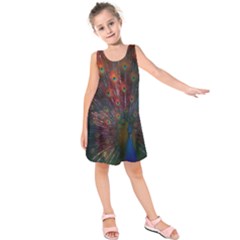 Red Peacock Feather Kids  Sleeveless Dress by Cowasu