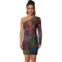 Red Peacock Feather Long Sleeve One Shoulder Mini Dress by Cowasu