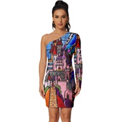 Beauty Stained Glass Castle Building Long Sleeve One Shoulder Mini Dress by Cowasu