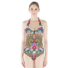 Pink Peacock Bird Pattern Texture Halter Swimsuit by Cowasu