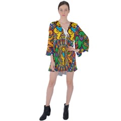 Grateful Dead Pattern V-neck Flare Sleeve Mini Dress by Cowasu