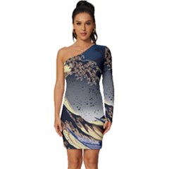 The Great Wave Off Kanagawa Japan Japanese Waves Long Sleeve One Shoulder Mini Dress by Cowasu