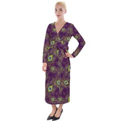 Peacock Feathers Pattern Velvet Maxi Wrap Dress by Cowasu