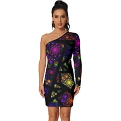 Stained Glass Crystal Art Long Sleeve One Shoulder Mini Dress by Cowasu