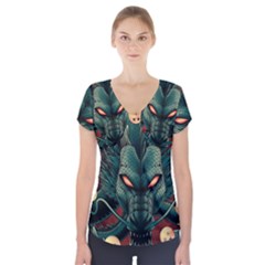 Dragon Art Short Sleeve Front Detail Top by Cowasu