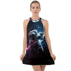 Psychedelic Astronaut Trippy Space Art Halter Tie Back Chiffon Dress by Bangk1t