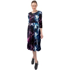 Psychedelic Astronaut Trippy Space Art Ruffle End Midi Chiffon Dress by Bangk1t