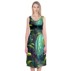 Rainforest Jungle Cartoon Animation Background Midi Sleeveless Dress by Ndabl3x