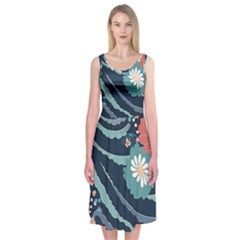 Waves Flowers Pattern Water Floral Minimalist Midi Sleeveless Dress by Ndabl3x