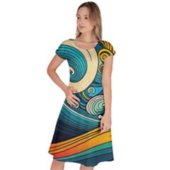 Waves Wave Ocean Sea Abstract Whimsical Abstract Art Classic Short Sleeve Dress by Ndabl3x