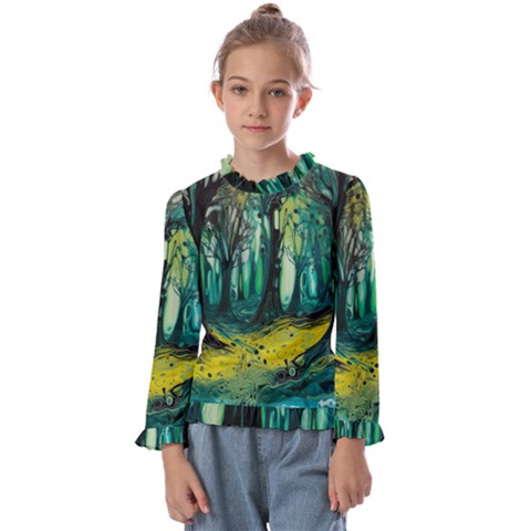 Ai Generated Trees Forest Mystical Forest Nature Art Kids  Frill Detail Tee by Ndabl3x