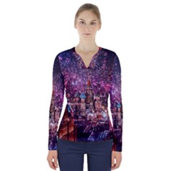 Moscow Kremlin Saint Basils Cathedral Architecture  Building Cityscape Night Fireworks V-neck Long Sleeve Top by Cowasu