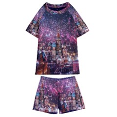 Moscow Kremlin Saint Basils Cathedral Architecture  Building Cityscape Night Fireworks Kids  Swim Tee And Shorts Set by Cowasu