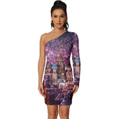 Moscow Kremlin Saint Basils Cathedral Architecture  Building Cityscape Night Fireworks Long Sleeve One Shoulder Mini Dress by Cowasu