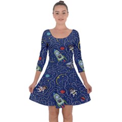 Cat Cosmos Cosmonaut Rocket Quarter Sleeve Skater Dress by Cowasu