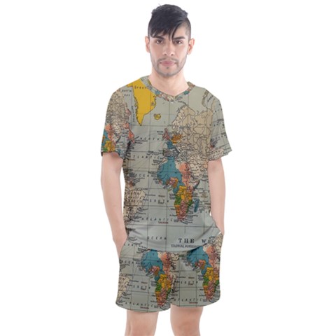 Vintage World Map Men s Mesh Tee And Shorts Set by Cowasu