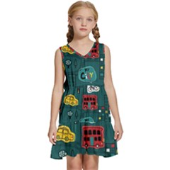 Seamless Pattern With Vehicles Building Road Kids  Sleeveless Tiered Mini Dress by Cowasu