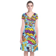 Comic Elements Colorful Seamless Pattern Short Sleeve Front Wrap Dress by Amaryn4rt