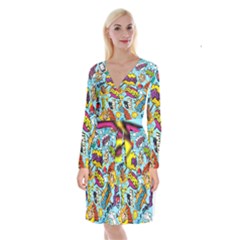 Comic Elements Colorful Seamless Pattern Long Sleeve Velvet Front Wrap Dress by Amaryn4rt