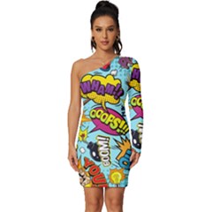 Comic Elements Colorful Seamless Pattern Long Sleeve One Shoulder Mini Dress by Amaryn4rt