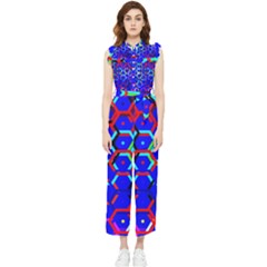 Blue Bee Hive Pattern Women s Frill Top Chiffon Jumpsuit by Amaryn4rt