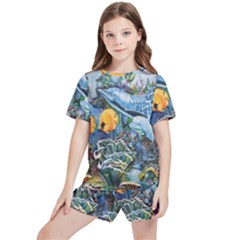 Colorful Aquatic Life Wall Mural Kids  Tee And Sports Shorts Set by Simbadda