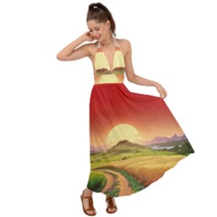 Landscape Sunset Orange Sky Pathway Art Backless Maxi Beach Dress by Ravend