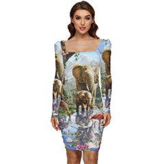 Beautiful Jungle Animals Women Long Sleeve Ruched Stretch Jersey Dress by Ravend