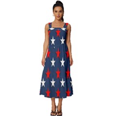 Patriotic Colors America Usa Red Square Neckline Tiered Midi Dress by Celenk