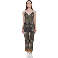 Background Metal Pattern Texture V-neck Spaghetti Strap Tie Front Jumpsuit by Celenk