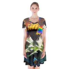 Rainbow Color Short Sleeve V-neck Flare Dress by uniart180623