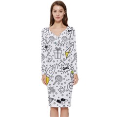 Set-cute-colorful-doodle-hand-drawing Long Sleeve V-neck Bodycon Dress  by uniart180623