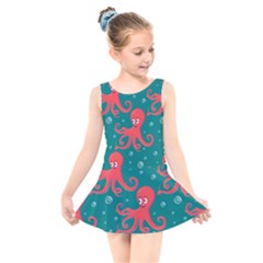 Cute-smiling-red-octopus-swimming-underwater Kids  Skater Dress Swimsuit by uniart180623