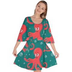 Cute-smiling-red-octopus-swimming-underwater Velour Kimono Dress by uniart180623