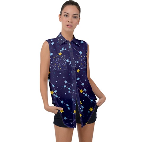 Seamless-pattern-with-cartoon-zodiac-constellations-starry-sky Sleeveless Chiffon Button Shirt by uniart180623